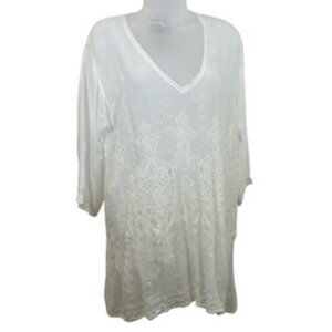 Johnny Was White V Neck 3/4 Sleeve Tunic Size Large